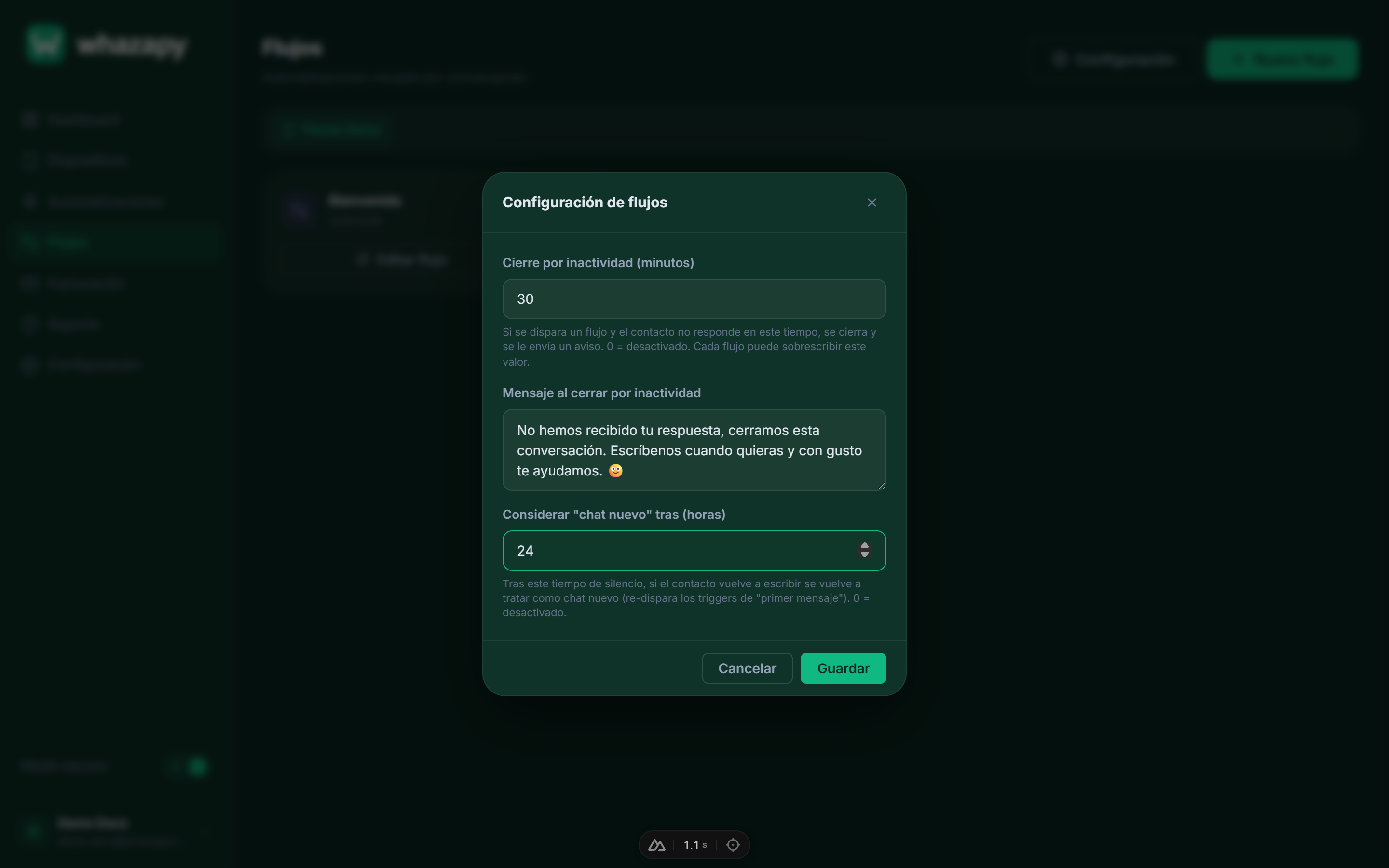 Modal de configuración global de flujos