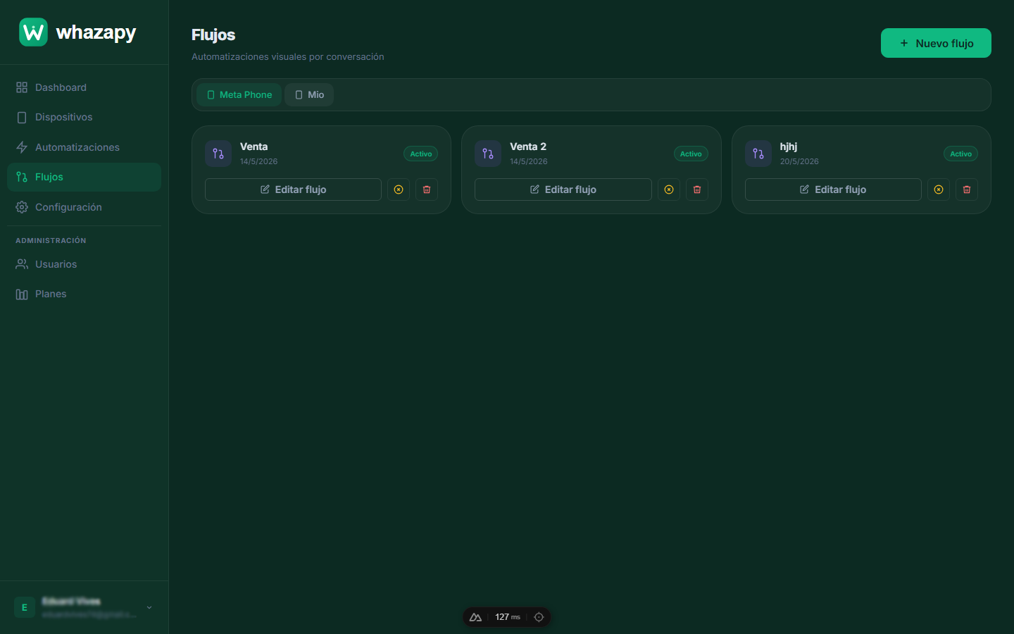 Lista de flujos creados