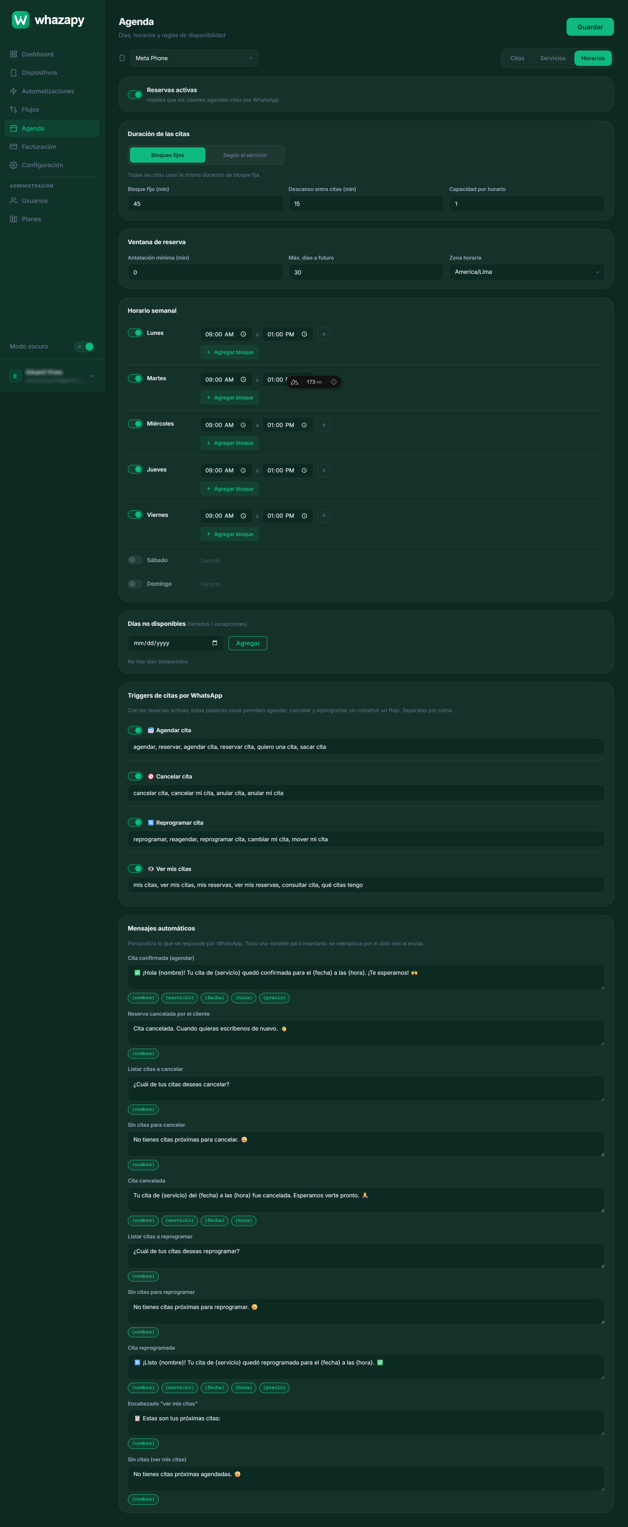 Configuración de horarios y disponibilidad