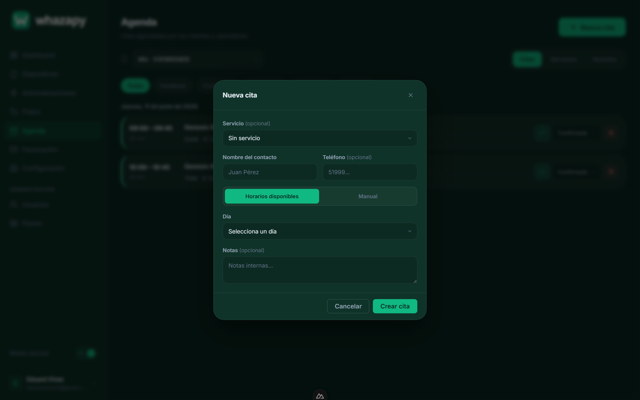 Modal de nueva cita manual