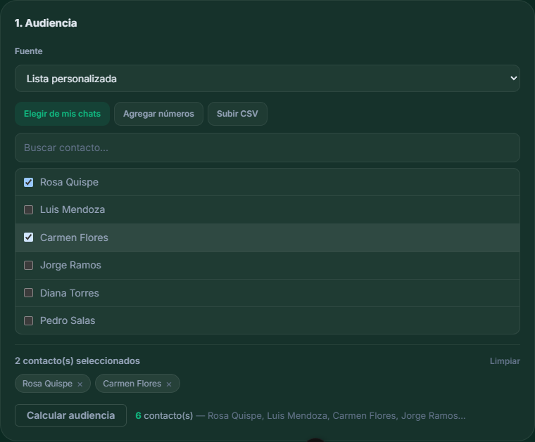 Lista personalizada: elegir de chats, agregar números o subir CSV
