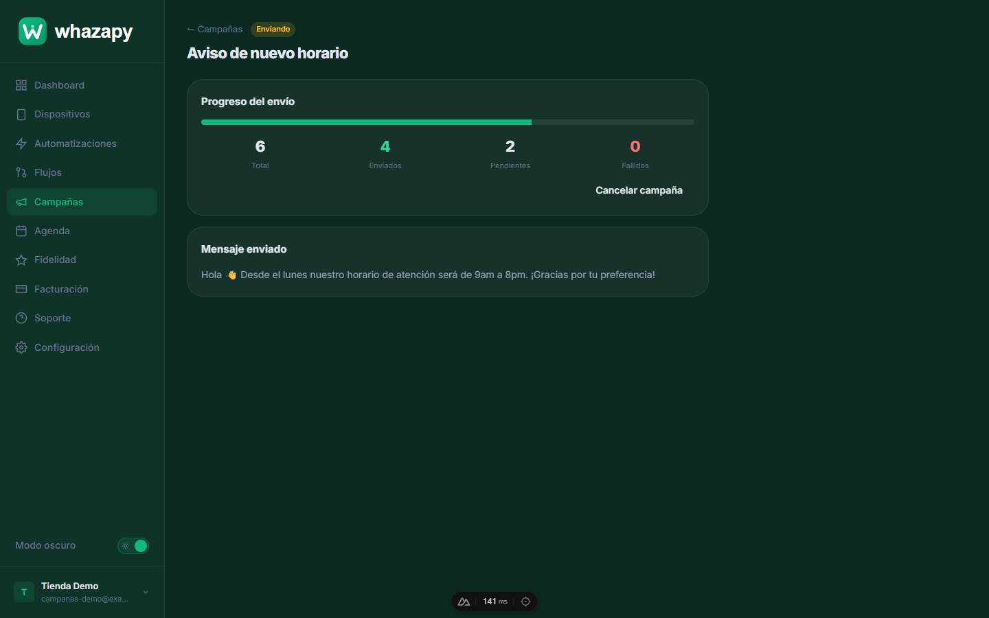 Panel de progreso de una campaña en envío
