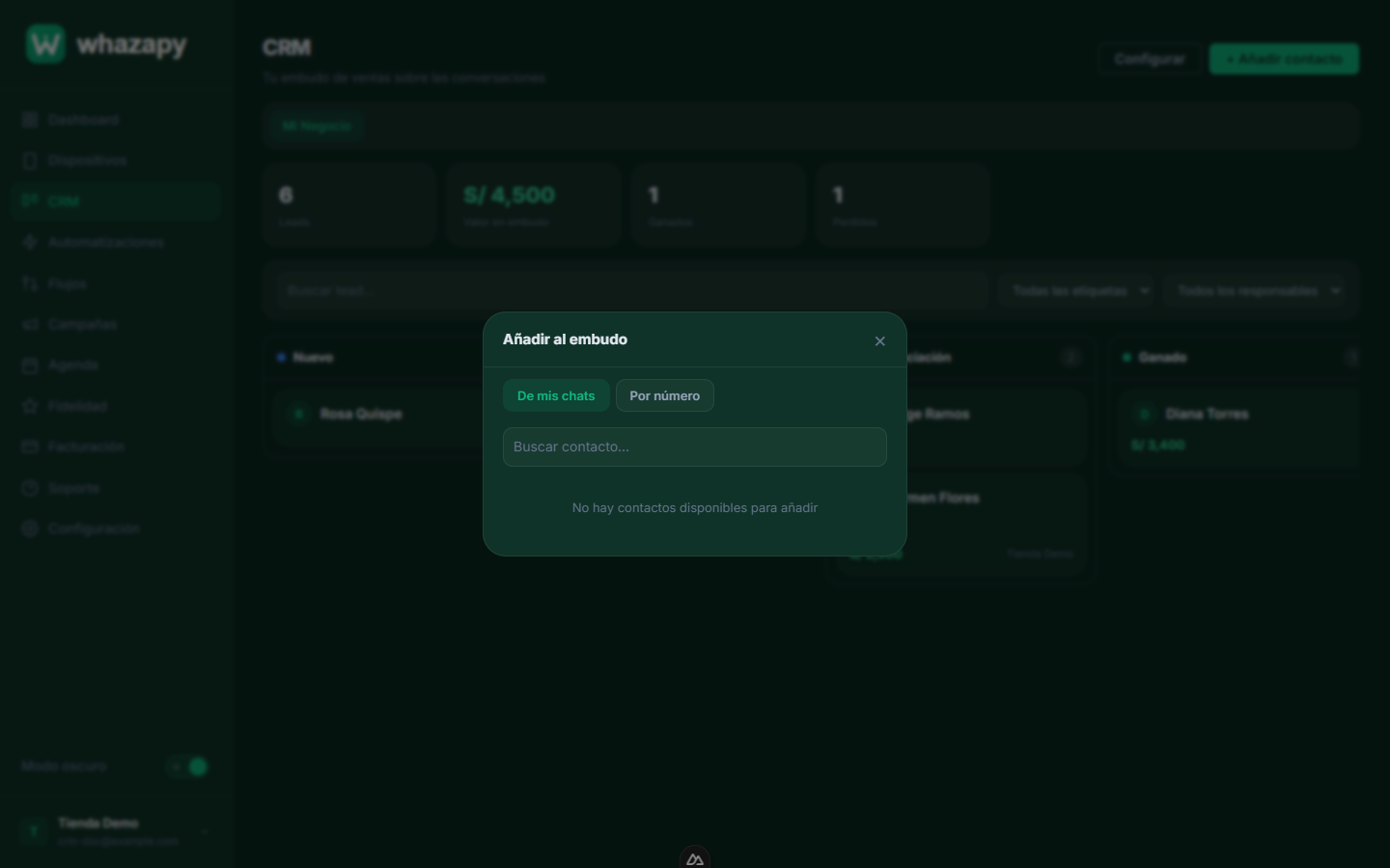 Modal para añadir contactos al embudo
