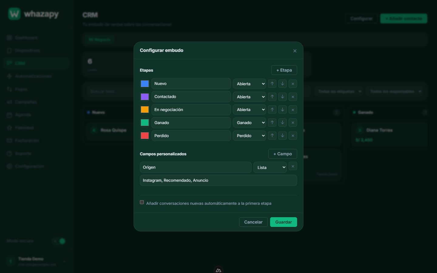Configuración de etapas y campos personalizados