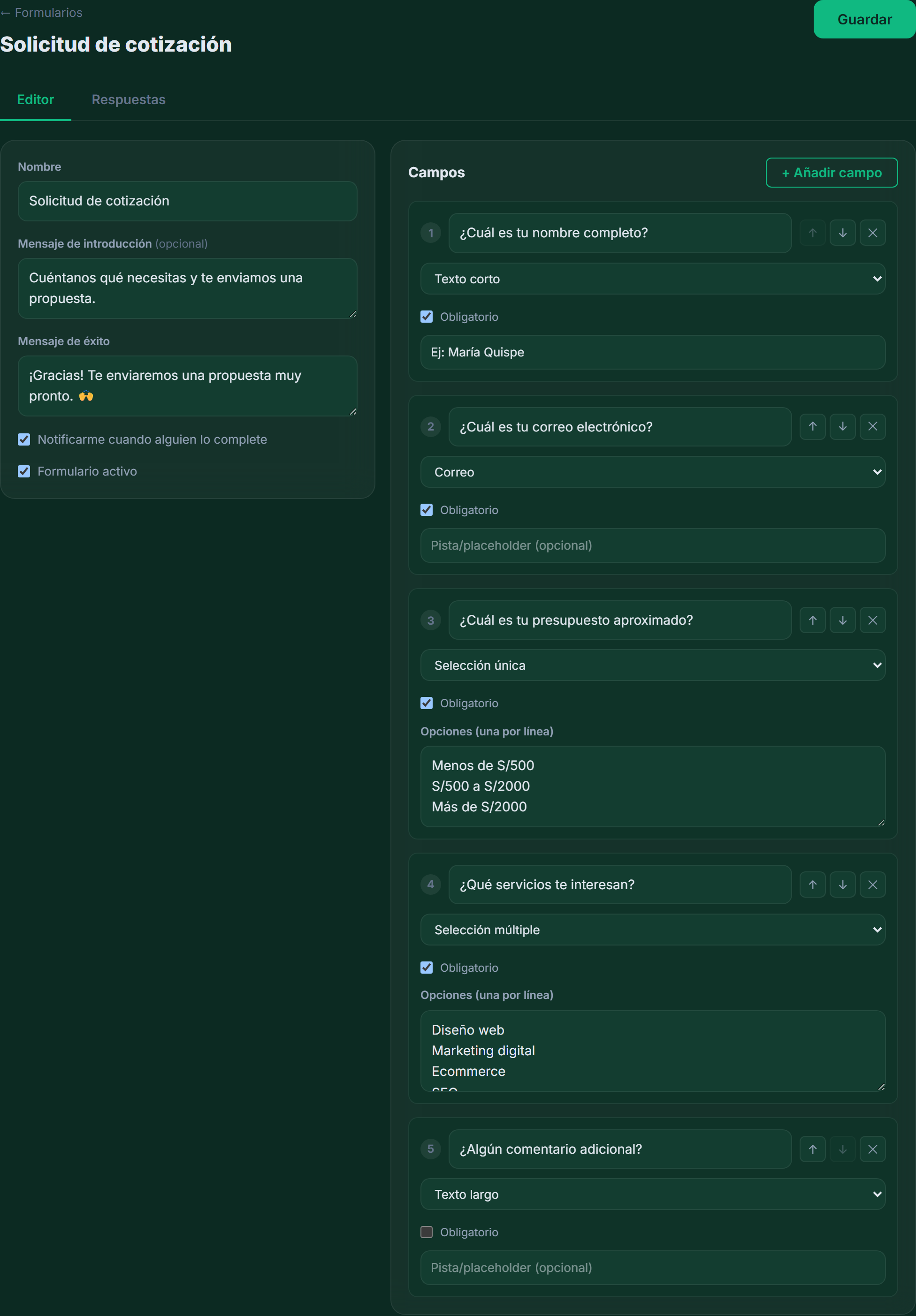 Editor de formulario con campos de distintos tipos