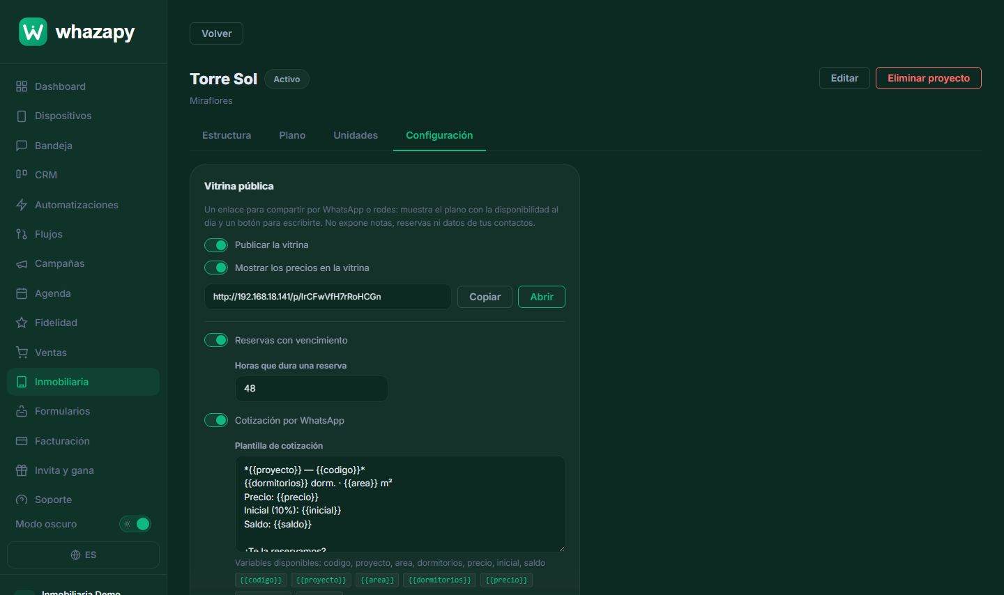 Bloque de vitrina pública en la configuración del proyecto