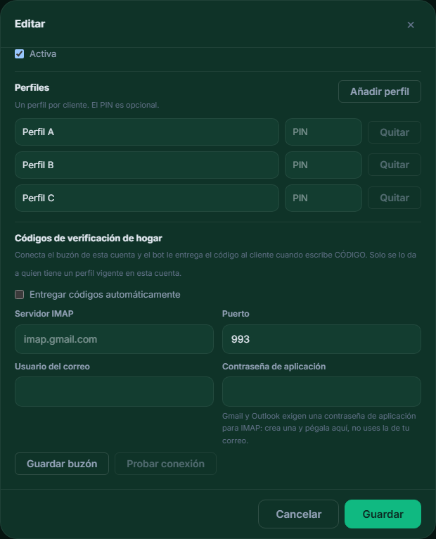 Configuración del buzón IMAP de una cuenta madre