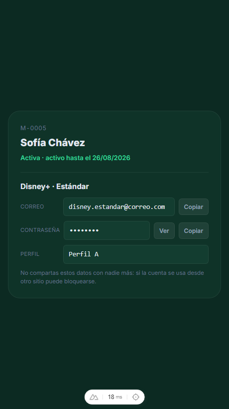 Página privada del cliente con su correo, contraseña, perfil y PIN