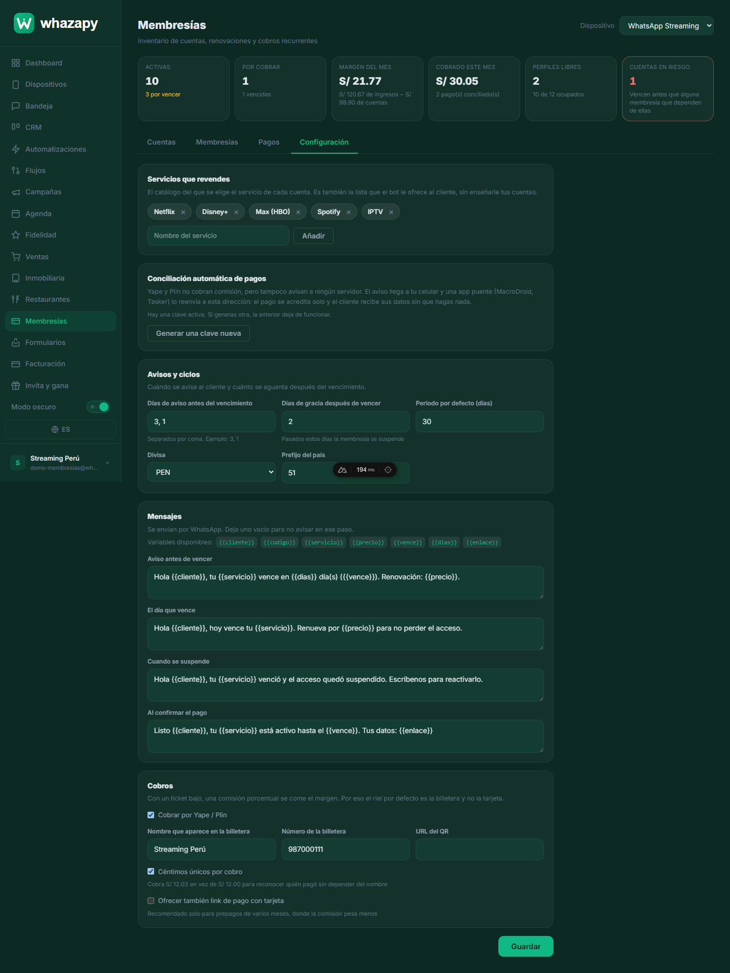 Configuración: catálogo de servicios, avisos y datos de cobro
