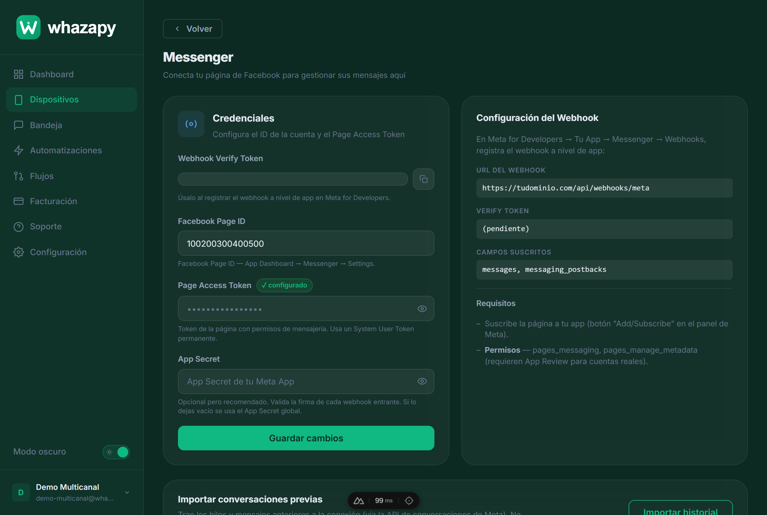 Formulario de conexión de Messenger / Instagram