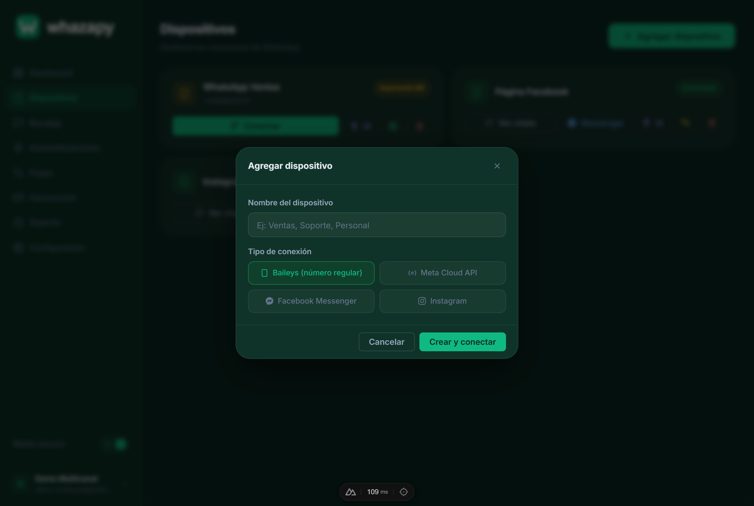 Modal de nuevo dispositivo con las opciones Messenger e Instagram