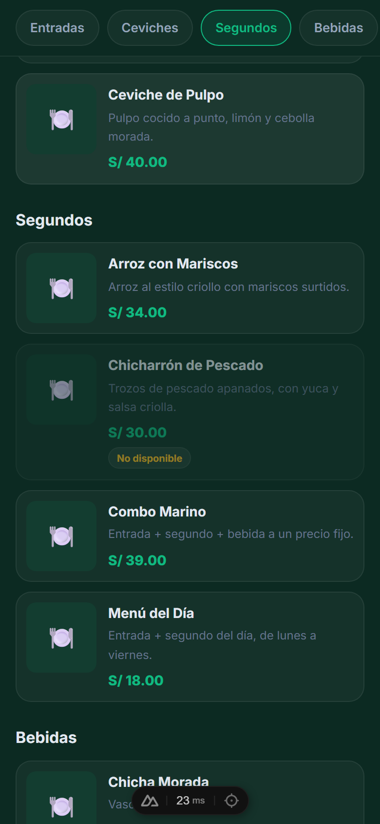 Plato agotado marcado como no disponible en la carta pública, sin ocultarse
