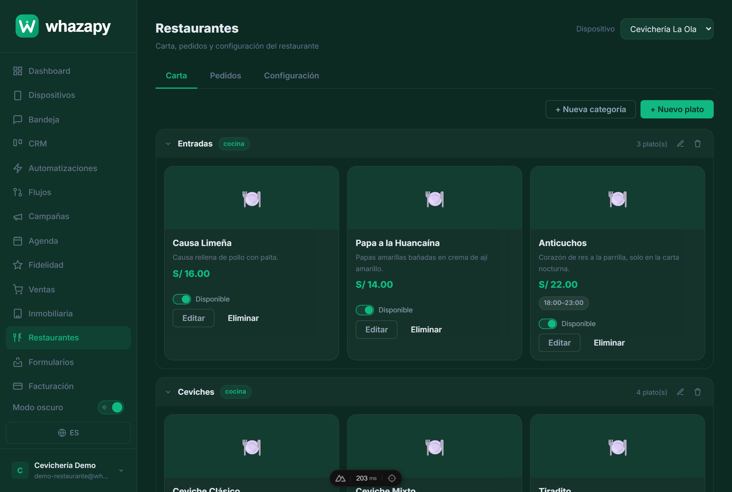 Carta del restaurante con categorías y platos
