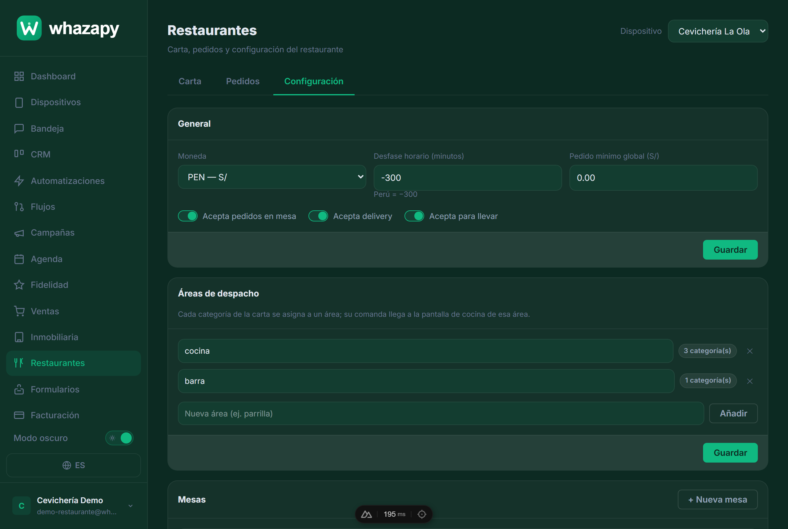 Pestaña de configuración con datos generales y áreas de despacho