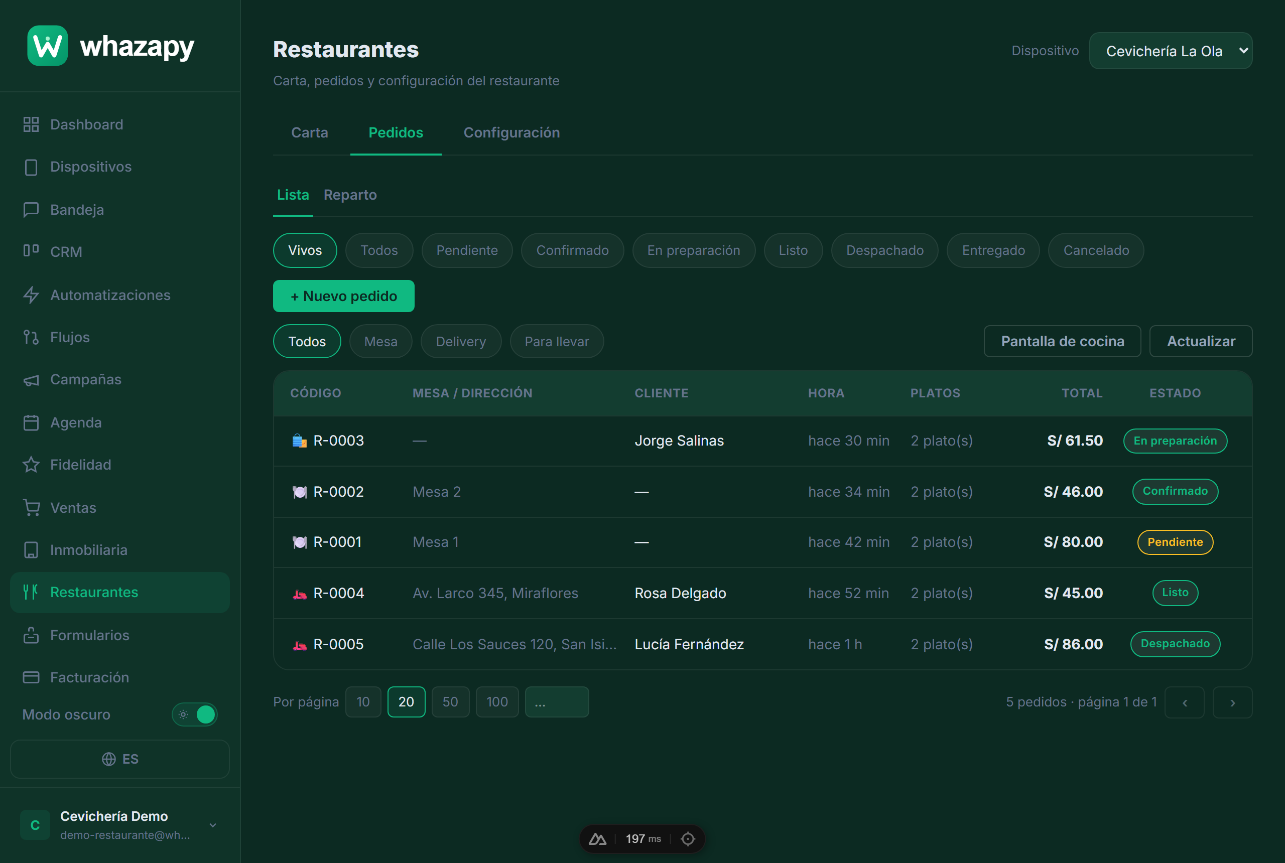 Lista de pedidos con filtros de estado y tipo