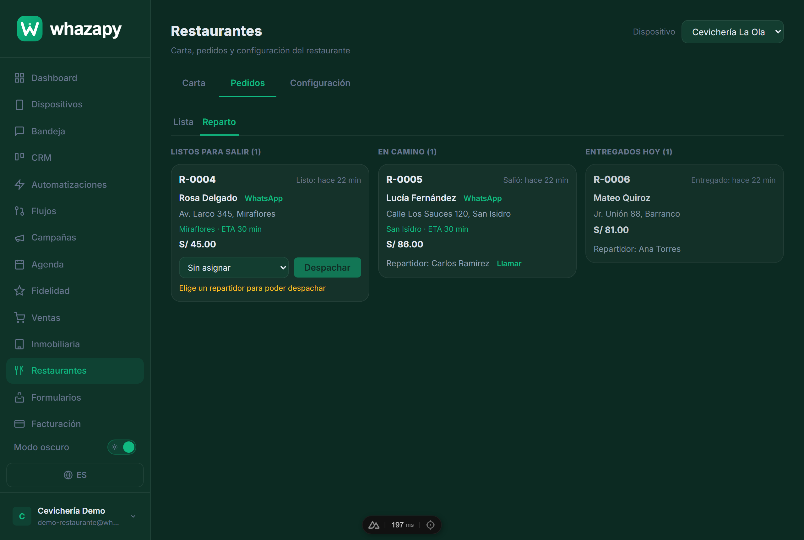 Tablero de reparto con pedidos listos, en camino y entregados