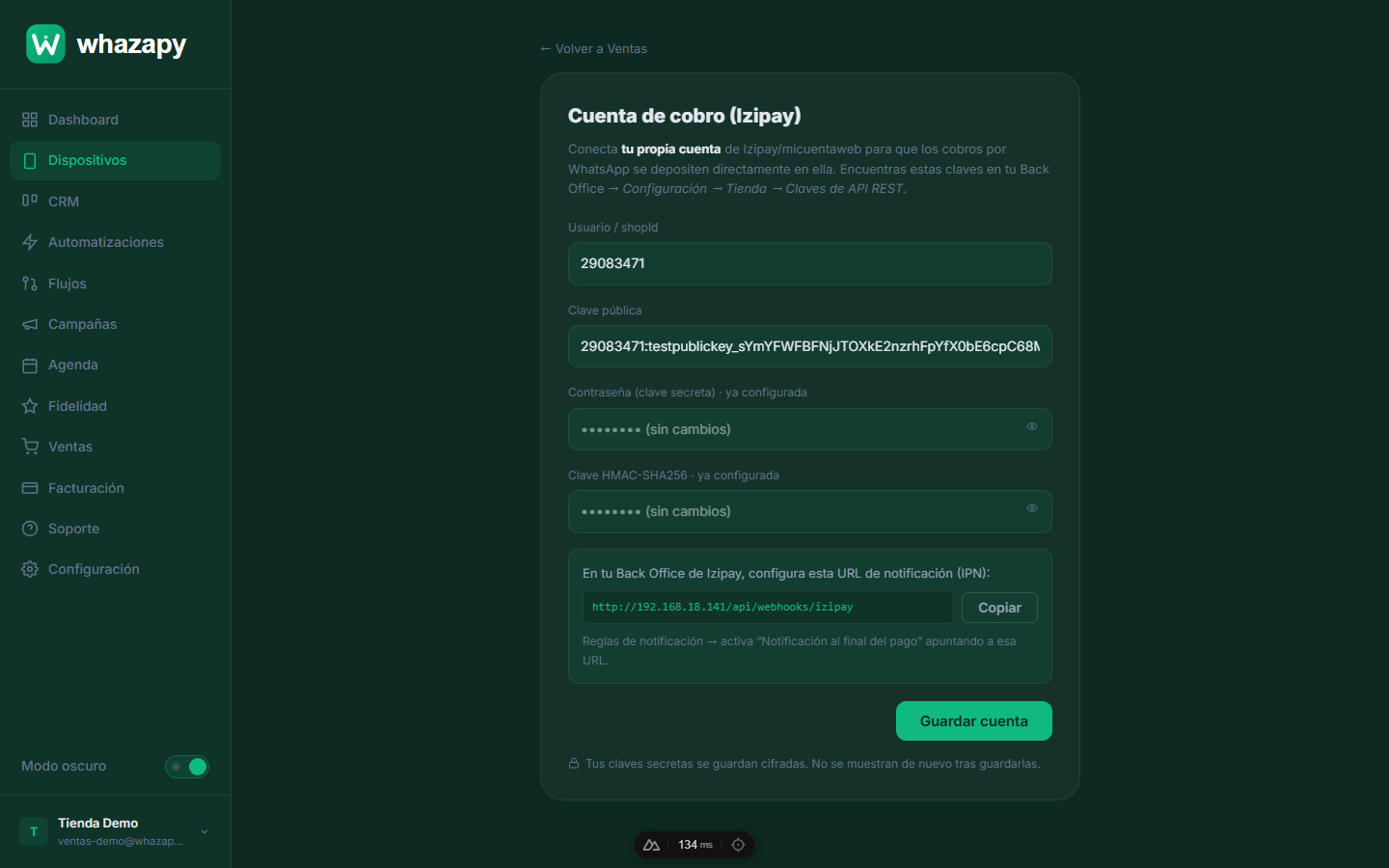 Formulario de configuración de la cuenta Izipay